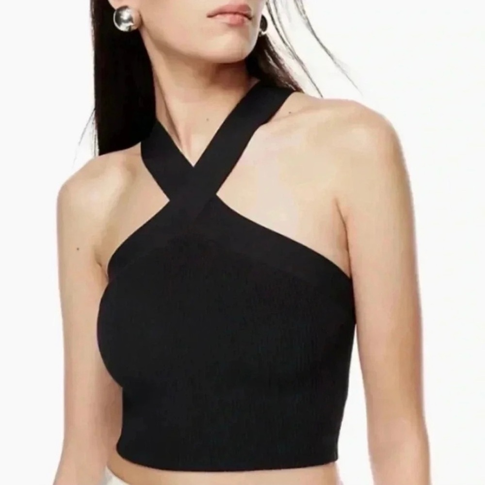 Aritzia Babaton Sculpt Knit Criss Cross Crop Tank Top Women Small Black Esential